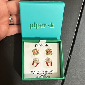 Piper K hamburger and fries post earrings CZ on brass